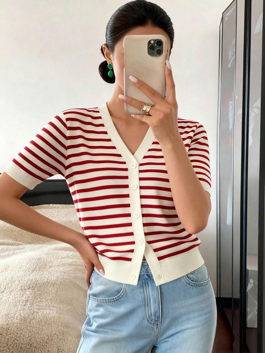 1 PCS  A rayas  Color combinado    Casual    Canalé  Botón  Botón delantero    Diario - Rojo - Ver 1