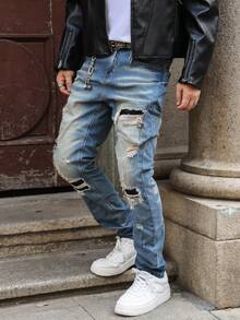 Men's Blue Washed Distressed Skinny Fit Ripped Jeans, Streetwear Fashion Versatile Denim Pants, All Season - Blue - View 4