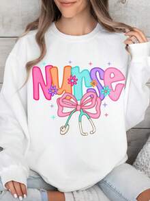 2026 Long Sleeve Tops Women Nurse Theme Printed Sweatshirt - Soft Loose Long Sleeve Sweater With Stethoscope And Nursing Logo, Machine Washable Spring Summer Casual Workwear (Nurse Clothing) - Round Neck Pullover, Bright Stethoscope Bow Design, Medium Elastic Comfortable Fabric, H-Shaped Silhouette Suitable For Daily Wear, Breathable Material Loose And Comfortable Winter Clothes For Women Plus Size Women Clothes - 黑色 - 查看 11