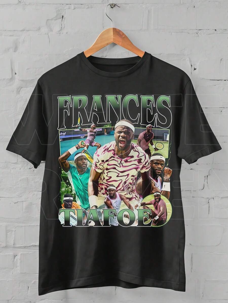 Black Round-Neck Short-Sleeved Tennis Player Patchwork Pattern T-Shirt "FRANCES TIAFOE" Lettered Top - màu đen - Xem 1