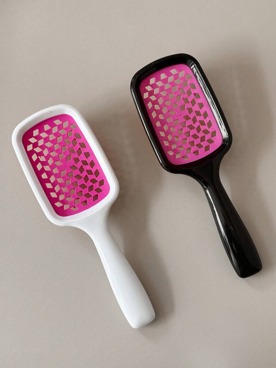 2pcs Grid Comb Wide Tooth Comb Contrasting Hollow Comb - Hot Pink - View 1