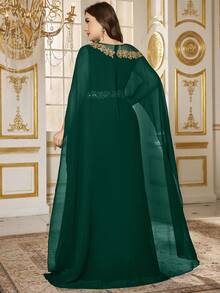 SUPGIR 优雅圆领长袖刺绣串珠收腰正式晚礼服 - 墨綠色 - 查看 2