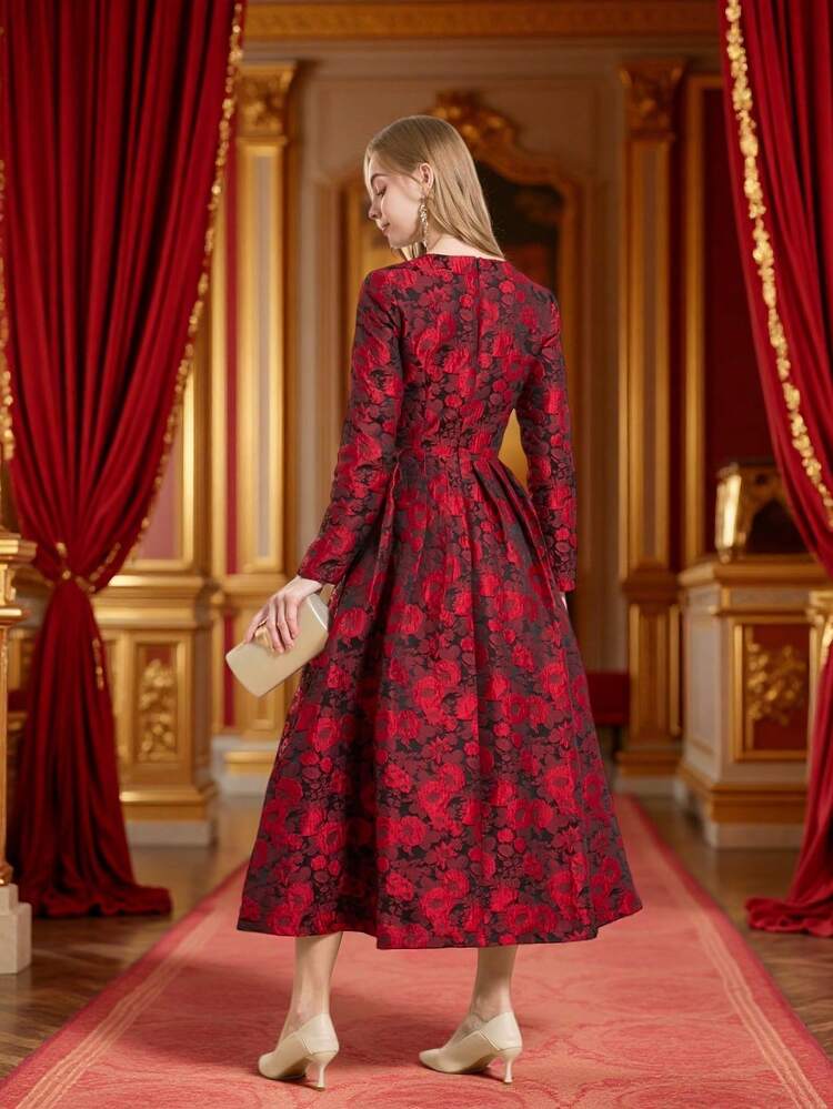 DEVCHATA Elegant Women's Heavy Jacquard Gown Long Sleeves Keyhole Neckline Red Long Formal Evening Dress Perfect For Banquets Autumn/Winter Random Floral Placement - Red - View 2