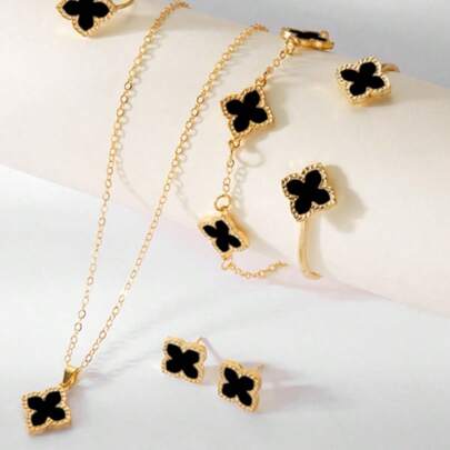 6pcs/Set Minimalist Clover Jewelry Set, Includes Necklace, Earrings, Bracelet, Suitable For Parties, Vacations, Gifts, And Daily Wear