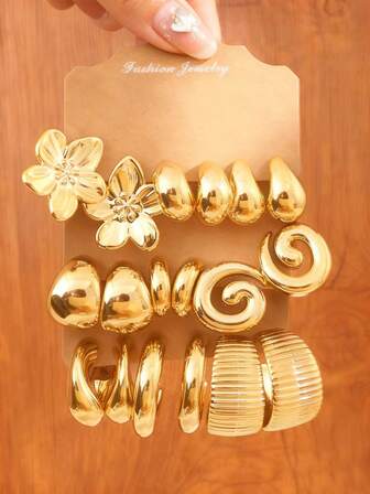 2/6/18件套金色耳环套装 - 花卉图案，独特的螺旋褶皱C形耳环，搭配光泽圆顶和水滴形耳钉，适合日常佩戴和派对的百搭饰品