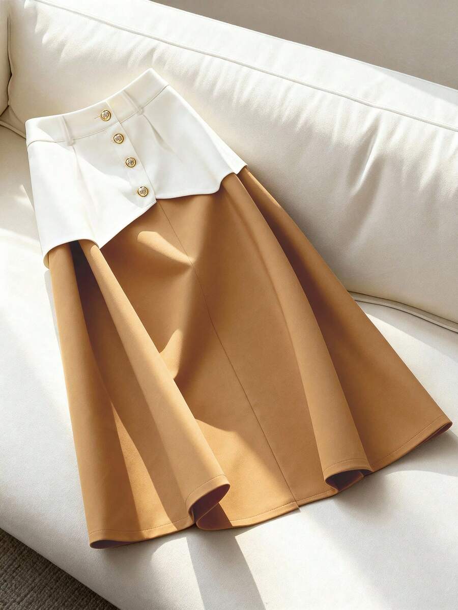 Falda de mujer de uso versátil para ocasiones casuales, diarias, de oficina, fiestas, citas y vacaciones, de tela tejida con botones - Multicolor - Ver 1