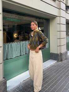 Seelio Autumn/Winter New Women's Fashion Minimalist Versatile Rhombus Pattern Polo Neck Long Sleeve Knit Sweater - Olive Green - View 4