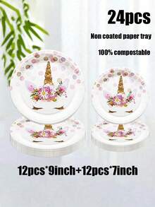 12/24/48 Piece Set, Disposable Tableware With High-End Texture, Unicorn Themed Disposable Paper Tray, 7-Inch Paper Tray, 9-Inch Paper Tray, Food Tray, Party Tray, Material, Suitable For Weddings - Multicolor - View 9