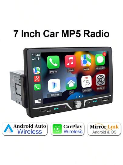 Car Radio 7 "1 Din Wireless/Wire Android Auto Carplay IPS Touch Screen 7 Color Buttons Bluetooth Type-C Charging Mirror Link