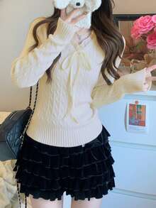 Women's Spring Patchwork 2-In-1 Cable Knit Sweater Red Pullover - Apricot - View 6