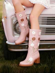 Western Boots For Women Flower Embroidery Mid Calf Boots Square Toe Chunky Block Heel Knee High Boots Low Heel Long Boots For Women Comfortable Casual Cowgirl Western Boots For Women Comfort Country Walking Shoes - Hồng - Xem 1