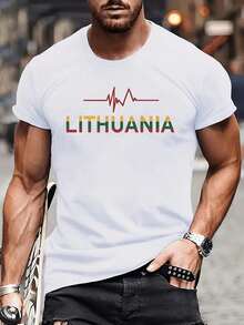[Breathable Fabric] Men's Casual Cotton Blend T-Shirt With "LITHUANIA" Letter Print - Short Sleeve, Crew Neck, Lightweight And Breathable For Summer Outings, Everyday Comfort T-Shirt | Letter Print | Non-See-Through Fabric - 白色 - 查看 1