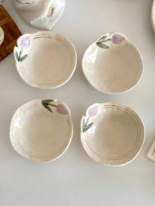 1pc/2pcs Asymmetrical Floral Pattern Ceramic Plate, Cute Snack Dish, Dessert/Cake Plate, Side Dish Plate, Japanese Style Line Ceramic Plate, Elegant Snack/Fruit Plate, Oval Breakfast Plate, Suitable For Serving, Restaurant, Dessert Shop, Living Room - Multicolor - View 6