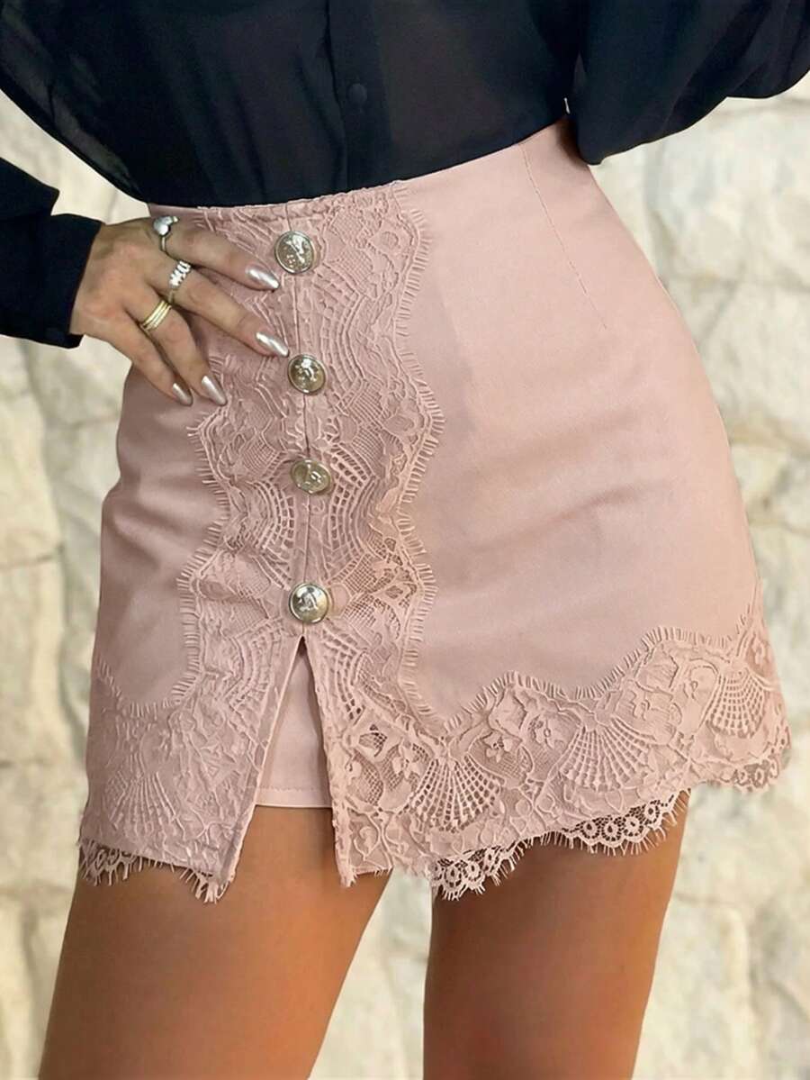 ChicMe Women's Side Slit Metal Button Decor PU Mini Skirt, Contrast Color Lace A-Line Skort Paired With Shorts, Casual Fashionable Street Party Outfit