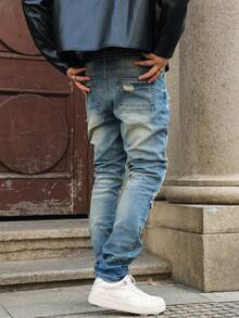 Men's Blue Washed Distressed Skinny Fit Ripped Jeans, Streetwear Fashion Versatile Denim Pants, All Season - Blue - View 3