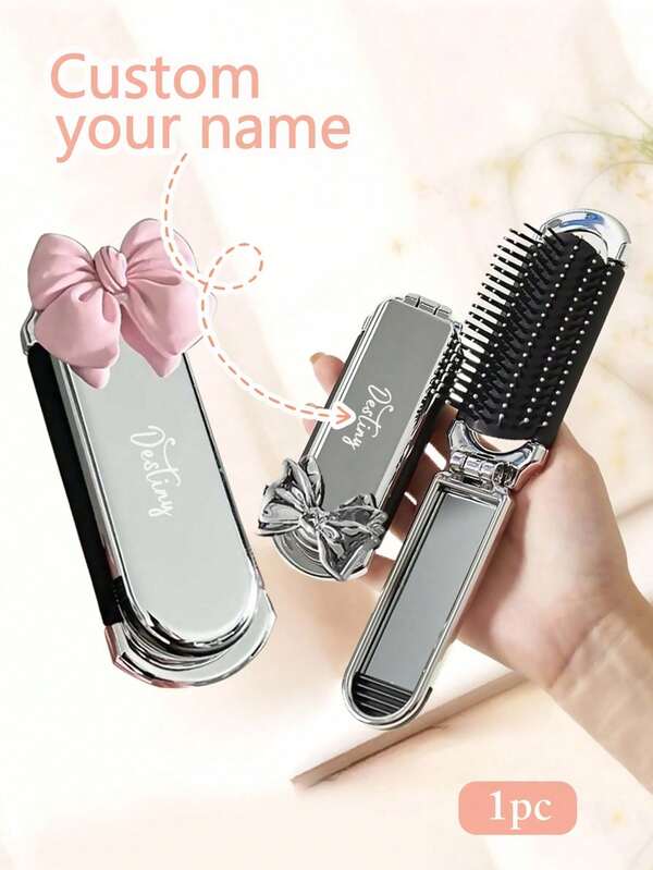1pc Customized Engraved Air Cushion Massage Comb With Bow Travel Comb, Foldable Comb With Integrated Mirror, Personalized Laser Engraved Foldable Air Cushion Hair Brush, Customized Portable Travel Comb, Mini Comb, Gift For Friends, Her, Grandparents, Wedding, Living Room, Bedroom, Bathroom