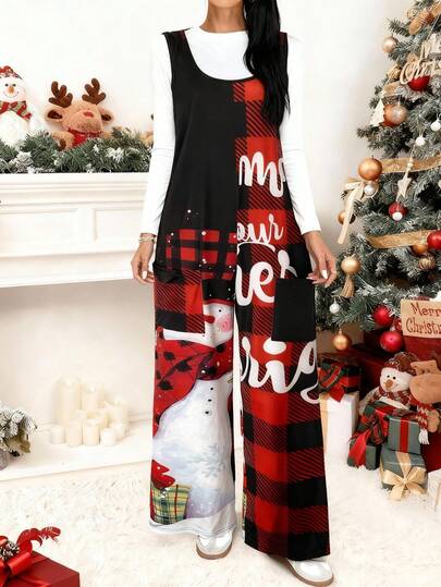 (No se incluye la camiseta) Mono sin mangas con estampado a cuadros de muñeco de nieve navideño lindo para mujer, mono informal con bolsillos de una sola pieza para días festivos, conjunto de moda navideño para mujer, mono navideño para uso diario casual, ropa navideña de moda, ropa casual de otoño para mujer
