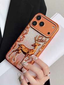 1pc Fashionable Electroplated Gradient Glitter 3D Rhinestone Deer Pattern Shockproof Phone Case Protective Cover Compatible With Apple 17 Pro Max, 16, 15, 14, 13, 12, 11 Series - Burnt Orange - View 2