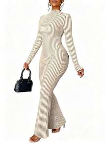 Blazique Amarilo Women's Autumn And Winter Long-Sleeved Two Pieces Set, Striped Pattern, Texture, Small High Collar, Split Hem Top And Slightly Flared Trousers, Suitable For Daily Life, Commuting, And Casual FeelingNew Year - Apricot - View 1