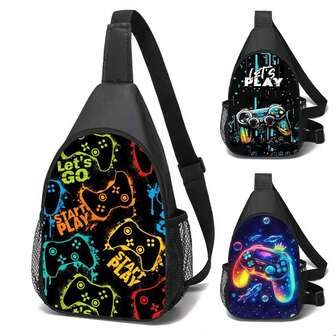 斜挎包，游戏玩家风格儿童包，胸前口袋运动包，色彩缤纷，节日游戏印花 - 休闲风格单肩包，涤纶材质