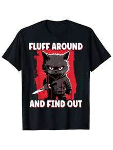 Men'S Halloween Anime Cat Graphic T-Shirt - Soft 180g Cotton Breathable Short Sleeve Tee With "Fluff Around And Find Out" Slogan, Red & Black Geometric Design, Regular Fit Casual Summer Shirt For Fashionable Guys & Women, Perfect Gift For Anime Fans, Halloween T Shirt, Casual Attire, Playful Design, Comfortable Wear, Durable Print, Streetwear Style, Lightweight Material, Streetwear Lovers - màu đen - Xem 1