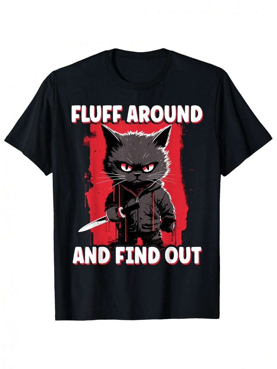Men'S Halloween Anime Cat Graphic T-Shirt - Soft 180g Cotton Breathable Short Sleeve Tee With "Fluff Around And Find Out" Slogan, Red & Black Geometric Design, Regular Fit Casual Summer Shirt For Fashionable Guys & Women, Perfect Gift For Anime Fans, Halloween T Shirt, Casual Attire, Playful Design, Comfortable Wear, Durable Print, Streetwear Style, Lightweight Material, Streetwear Lovers - màu đen - Xem 1