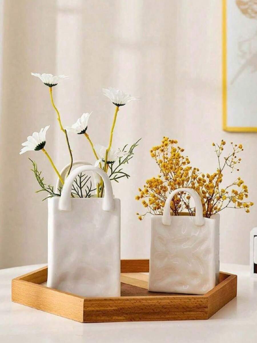 1pc White & Gold Handbag Shaped Resin Vase, This Handbag Vase Is Perfect For Displaying Fresh Flowers On Coffee Tables, Dressers, Living Rooms And Bedrooms, Adds A Charming Modern Vibe To Home Decor, Suitable As A Valentine's Day Gift - Multicolor - View 1