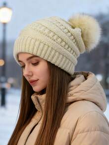 1pc Unisex Loose Knit Beanie - Striped Faux Fur Pom Pom Skull Cap, Warm Windproof Winter Hat, Suitable For Cold Weather And Skiing Trips - Horizontal Striped Pom-poms - View 3