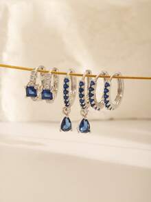 Set de 6 piezas de pendientes de aro con gota geométrica de cobre y circonita al estilo europeo, joyería elegante como regalo, adecuado para uso diario, festivales, fiestas y citas de mujeres