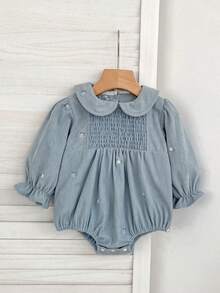 New Spring/Autumn Embroidered Corduroy Baby Girl Romper, Lapel Infant Princess Romper - Baby Blue - View 2