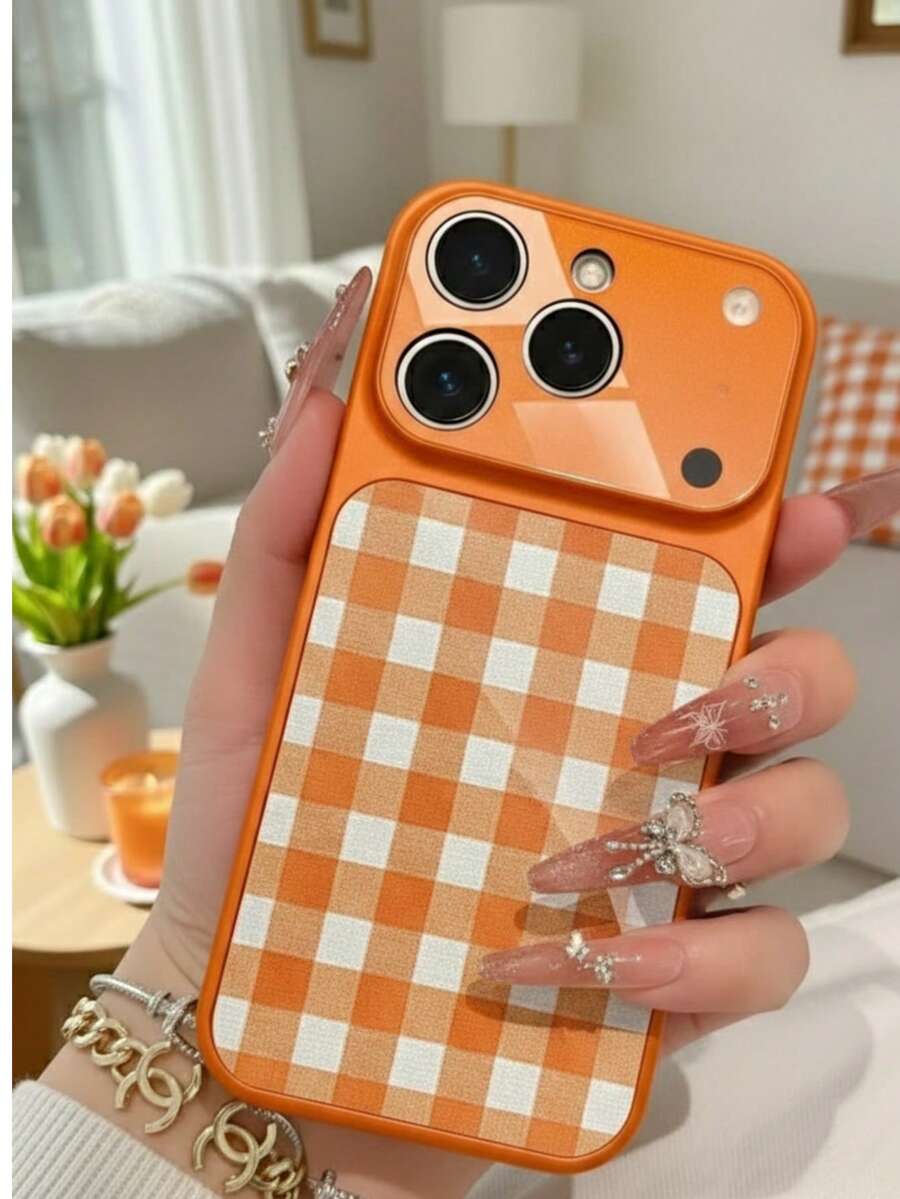 Check PatternA Chessboard Element Anti Drop All Inclusive Lens Orange High-Definition Glass Smartphone Case, Compatible With IPhone 17/Air/17 Pro/17 Promax/16/15/14/13 And Other Phone Models, Suitable For Giving As A Gift To Friends - Orange - View 1