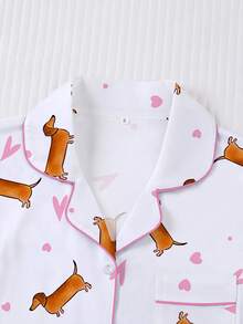 两件套可爱腊肠犬和爱心印花女士睡衣套装，浪漫情人节礼物，长袖翻领开衫上衣和松紧腰裤，女士休闲睡衣和家居服，春夏款 - 白色 - 查看 4