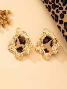 1对女士耳环，时尚不对称几何豹纹波浪耳环，适合冬季佩戴 - 金黃色 - 查看 3