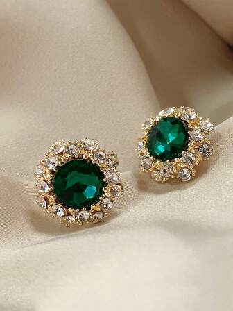 一对复古花朵造型祖母绿耳钉，优雅独特的女士耳环