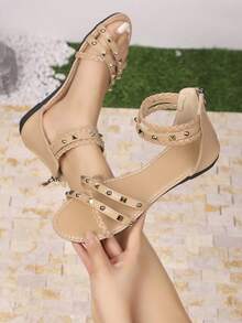 Buckle Rivet Flat Roman Sandals For Women, New Spring/Summer Bohemian Style Backless Strap Open Toe Shoes - Apricot - View 2