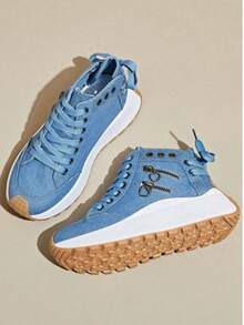 Women's Casual Sports Shoes 2025 Spring And Autumn New Style Fashionable And Simple Side Zipper Decoration Solid Color Design, Comfortable And Breathable Thick-Soled Women's Shoes, Suitable For Camping Holiday Parties, Women's Sports Casual Shoes - Màu xanh lam - Xem 4
