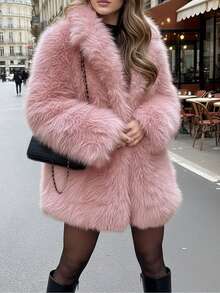女士仿皮草外套，优雅翻领长袖常规款，秋冬粉色 - 粉色 - 查看 4
