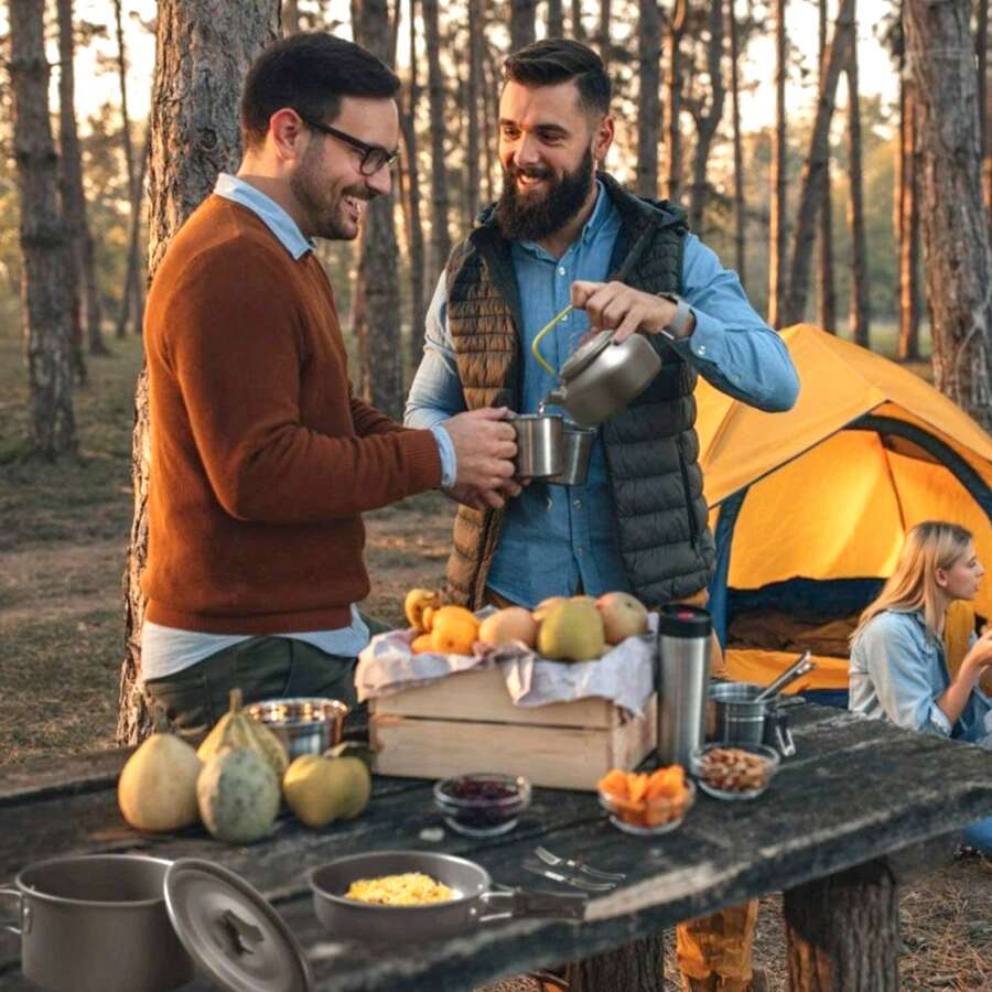 12Pcs Camping Cookware Set Camping Stove Aluminum Pot Pans Kit For Hiking Picnic Outdoor With Cup Fork Spoon Knife - Grey - View 1