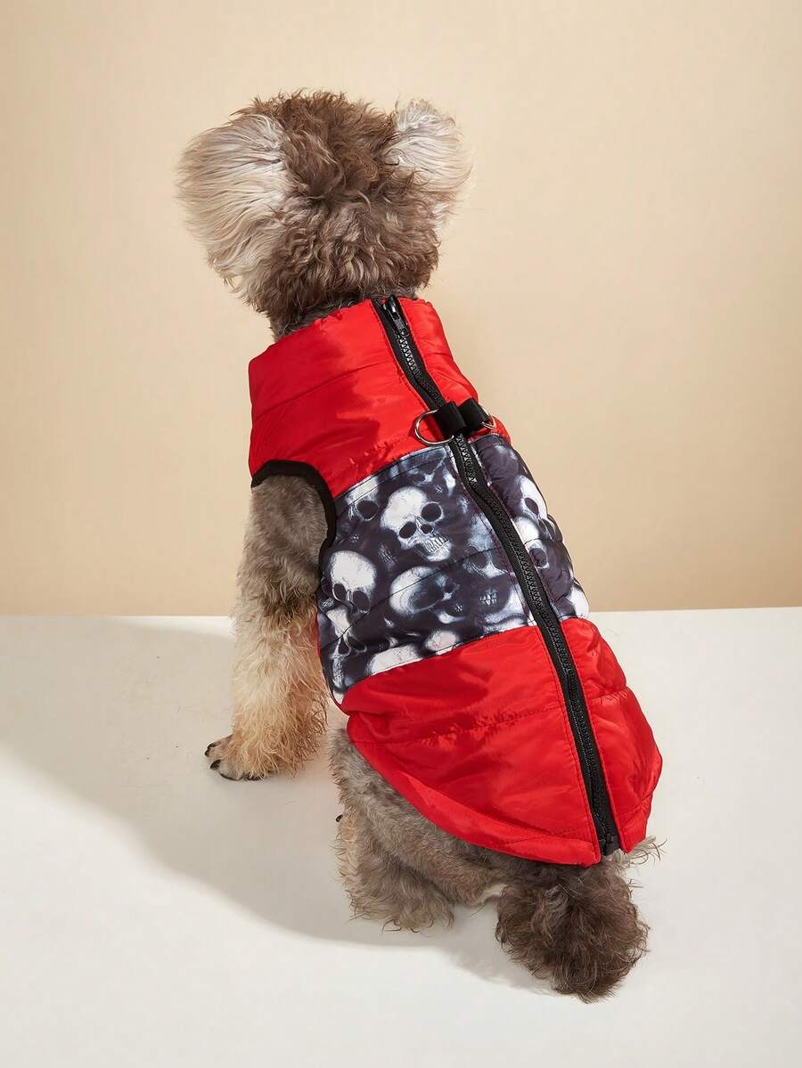 红黑撞色骷髅印花宠物冬季保暖背心，加厚防风外套，适合犬猫穿着
