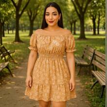 Short Dress Made From Duna Fabric With Short Sleeves. - Flowery Caramel - View 3