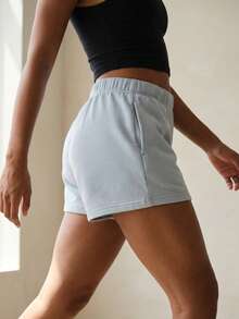 RRIVE Solid High Waisted Dolphin Shorts Elastic Waist Lounge Bottoms Cotton Blend Y2K Casual Workout Sweatshorts With Pockets - Màu xanh bụi bặm - Xem 2
