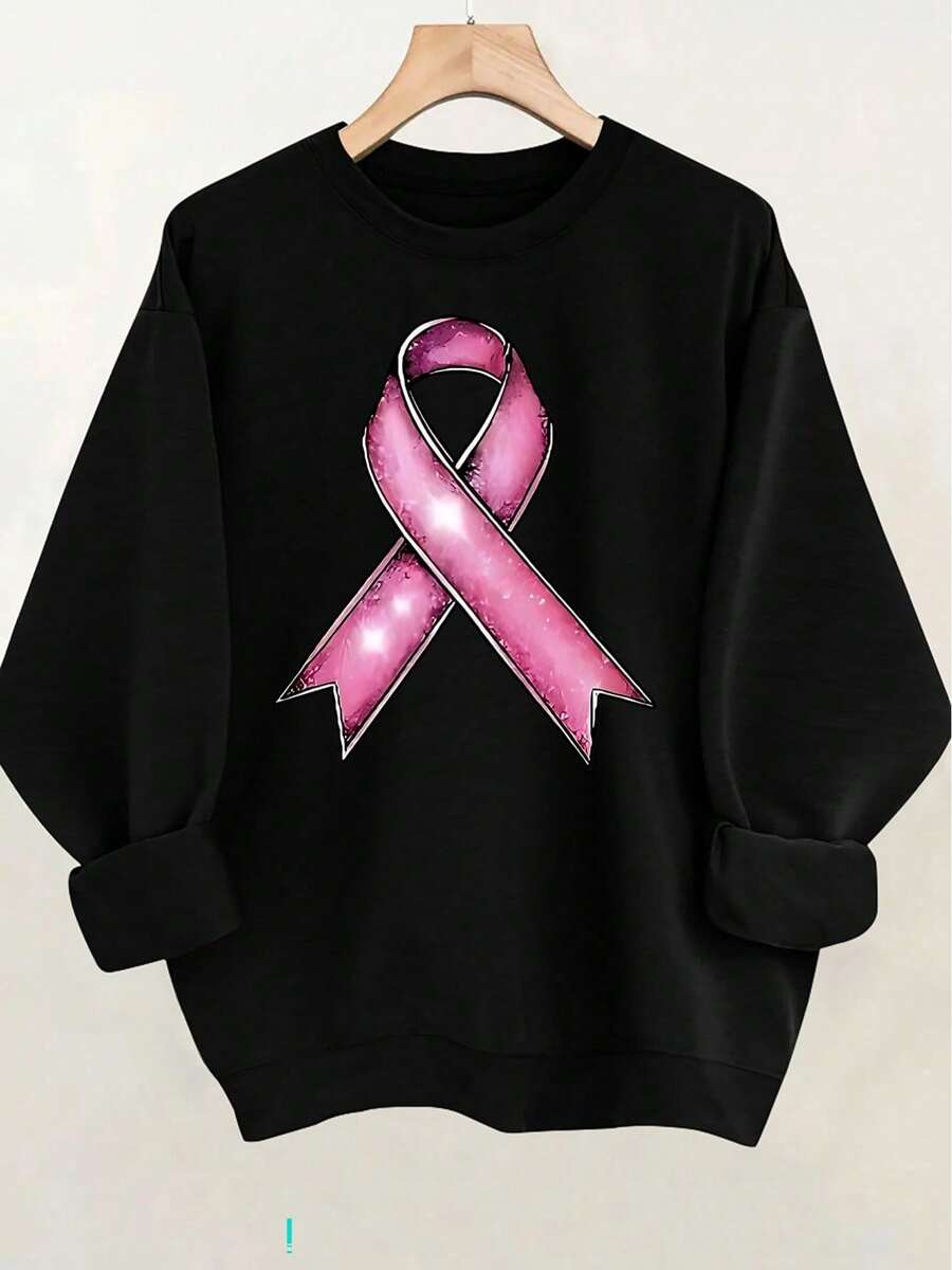 [Sporty Sweatshirt]Breast Cancer Awareness Pink Ribbon Sweatshirt For Women - Casual Round Neck Pullover Hoodie With Printed Design, Polyester Knit Fabric, Elastic, Adult Unisex Fall/Winter Top - màu đen - Xem 1