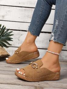 New Beige Suede Mule Slippers For Women, Metal Buckle Decor, Rhinestone Wedge Thick Sole, Comfortable Daily & Beach Wear Sandals - Brown - View 3