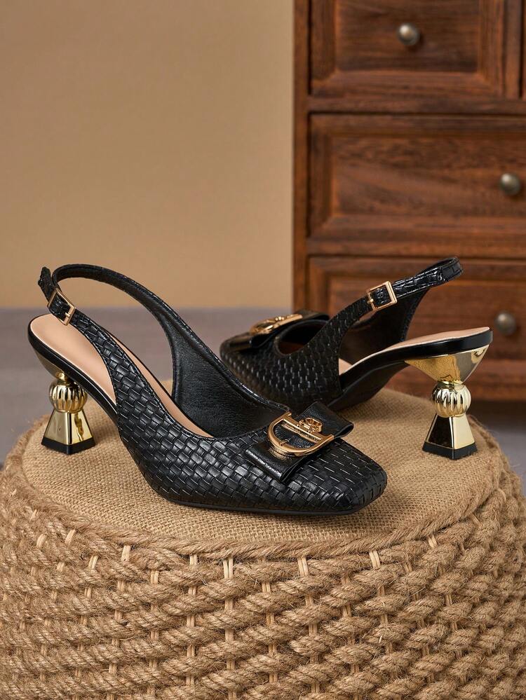 WHDXY 7cm Asymmetric Heel Backless High Heels For Women, Square Toe Woven Faux Leather, Bow & Metal Buckle Decor, Elegant Dress Shoes Suitable For Commuting, Work, Dates And Parties - Black - View 4