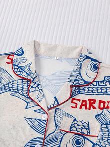 Marira 2pcs Wearable Women Pajama Set, Fish Print, Soft Fabric, Short Sleeve Shirt Collar Button Top And Elastic Shorts, Stylish Sleepwear For Holiday Party, Casual Outdoor & Indoor Wear For Women - 杏色 - 查看 3
