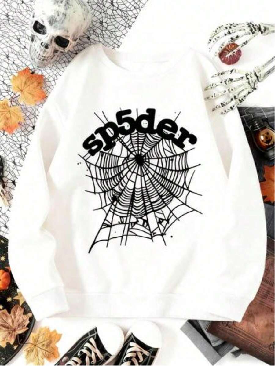 Women's Sp5der Spider Web Printed Sweatshirt - White Crew Neck Casual Pullover, Halloween-Themed Edgy Style,Comfortable Fashion Piece For Ladies, Ldeal For Fall Holidays, Winter Clothes For Women - White - View 1