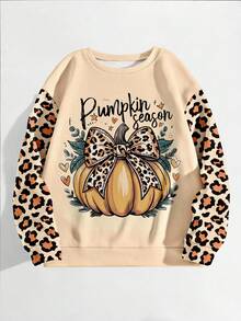 Sudadera con estampado de lazo de leopardo y calabaza LOVE JOYY, top de manga larga cómodo y colorido para uso al aire libre, otoño