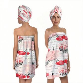 2pcs Pink Toned Paris Style Bathrobes, Romantic French Style, Made Of Soft & Absorbent Fabric, Strapless With Elastic Waist, Details Include Pale Pink Base + Eiffel Tower, Vintage Bicycle, Heart Decorations, Paired With "Love" Handwritten Texture, Exuding Elegant & Romantic Ambiance