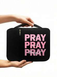 Inspirational Bible Bag,With Letters Pink Pray Printed On It,Bible Cover, Bible Holder, Hand-Held Storage Bag, Standard Size Bible Bag With Zipper And Pocket, Used For Bible Learning, Bible Cover, Letter Bible Box, Hand-Held Bible Bag,Multiple Pockets For Phone, Earphones & Essentials,Suitable For Men And Women,Ideal For Bible Study & Special Occasions(Black) (Zipper Position Randomly)