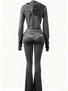 FQLWL 女士休闲街头风运动套装，印花拉链连帽衫和长裤套装，长袖两件套，春季款 - 深灰色 - 查看 3